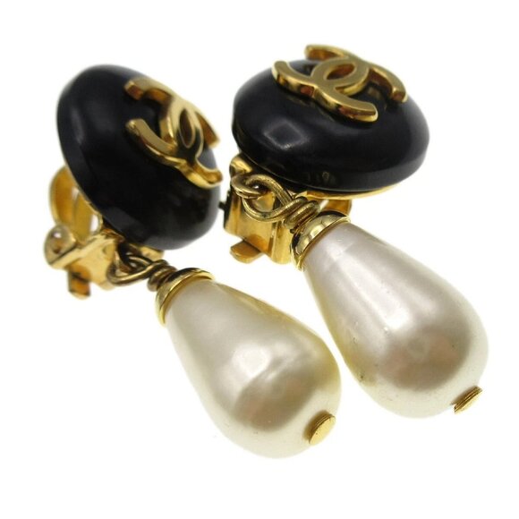 Chanel Artificial Pearl Dangle Earrings Clip-On Black - Picture 4 of 8